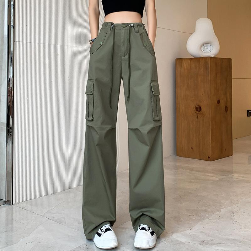 FiveFive Y2K Drawstring Cargo Parachute Pants Women Harajuku Streetwear Oversize Wide Leg Straight Trousers Female Pockets