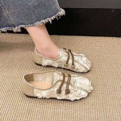Fashion Lace Mesh Fisherman's Shoes Women's Summer Wear 2025 New Summer Style Beef Tendon Sole Bean Shoes Large Size Single Shoes