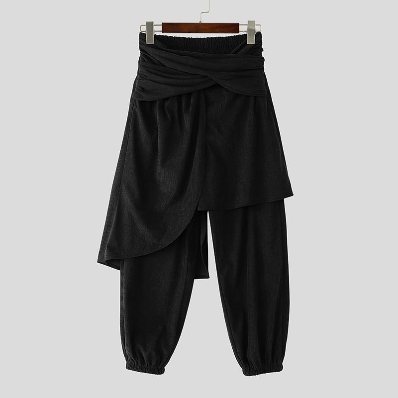 

INCERUN Осенние мужские повседневные вельветовые брюки гаремы с эластичной талией, рюшами и неровным низом L чёрный