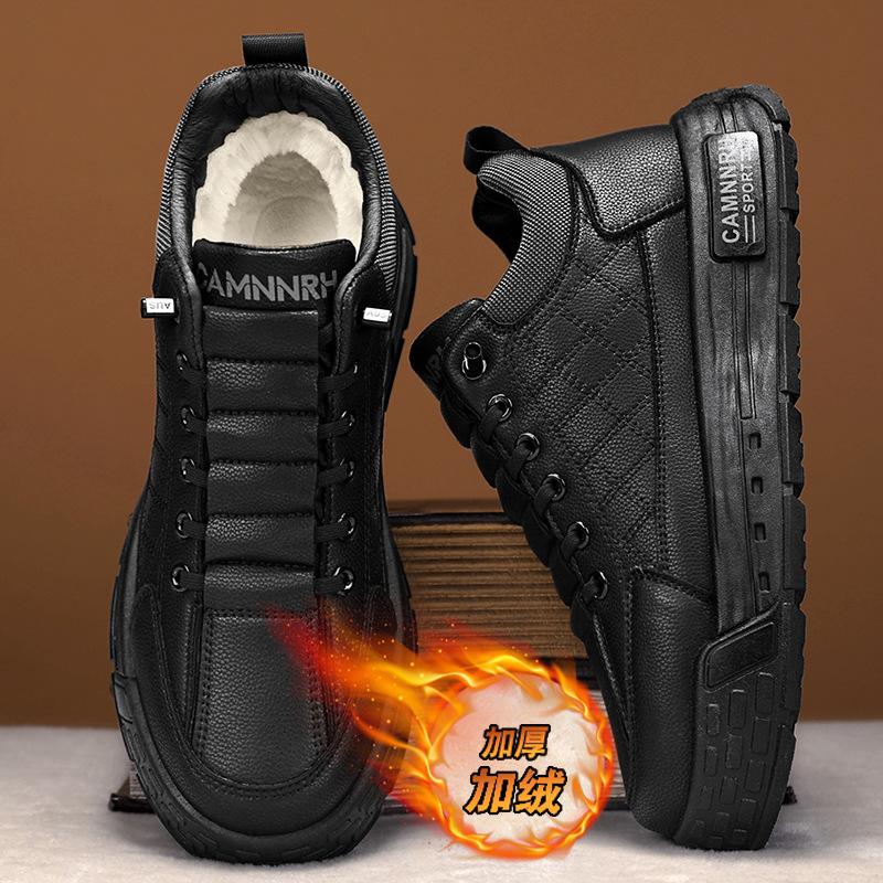 Winter New Velvet Warm Cotton Shoes Leather Surface Low-top Strap-free Foot Cover Outdoor Sports and Leisure Thickened Men's Shoes