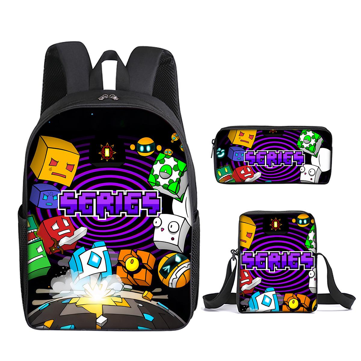 Klassiek Populair Geometry Dash 3D Geprint 3 stuks/Set leerling Schooltassen Laptop Dagrugzak Rugzak Schuin gedragen schoudertas Etui