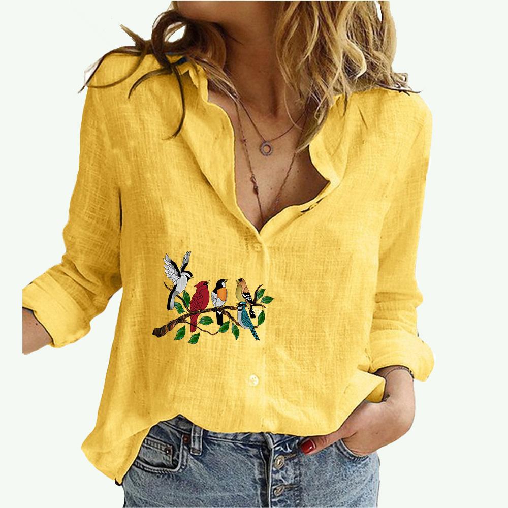 

Женская мода блузки с воротником с лацканами весна и осень повседневный кардиган с длинными рукавами льняная рубашка Laides принт топ с длинными рукавами 5XL жёлтый