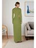 2025 Summer Elegant European & American Women's Round Neck Slit Pleated Long Sleeve Waist-cinching Dress