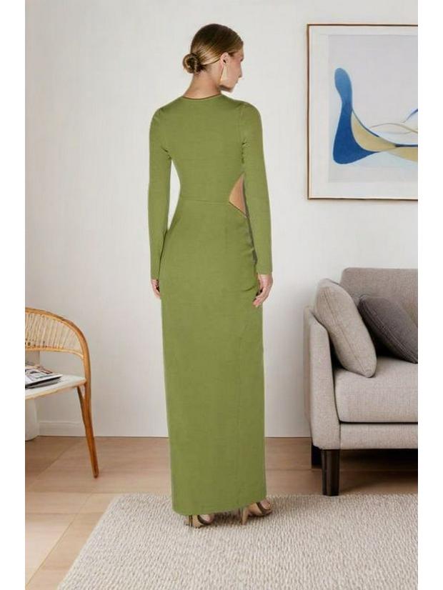 2025 Summer Elegant European & American Women's Round Neck Slit Pleated Long Sleeve Waist-cinching Dress