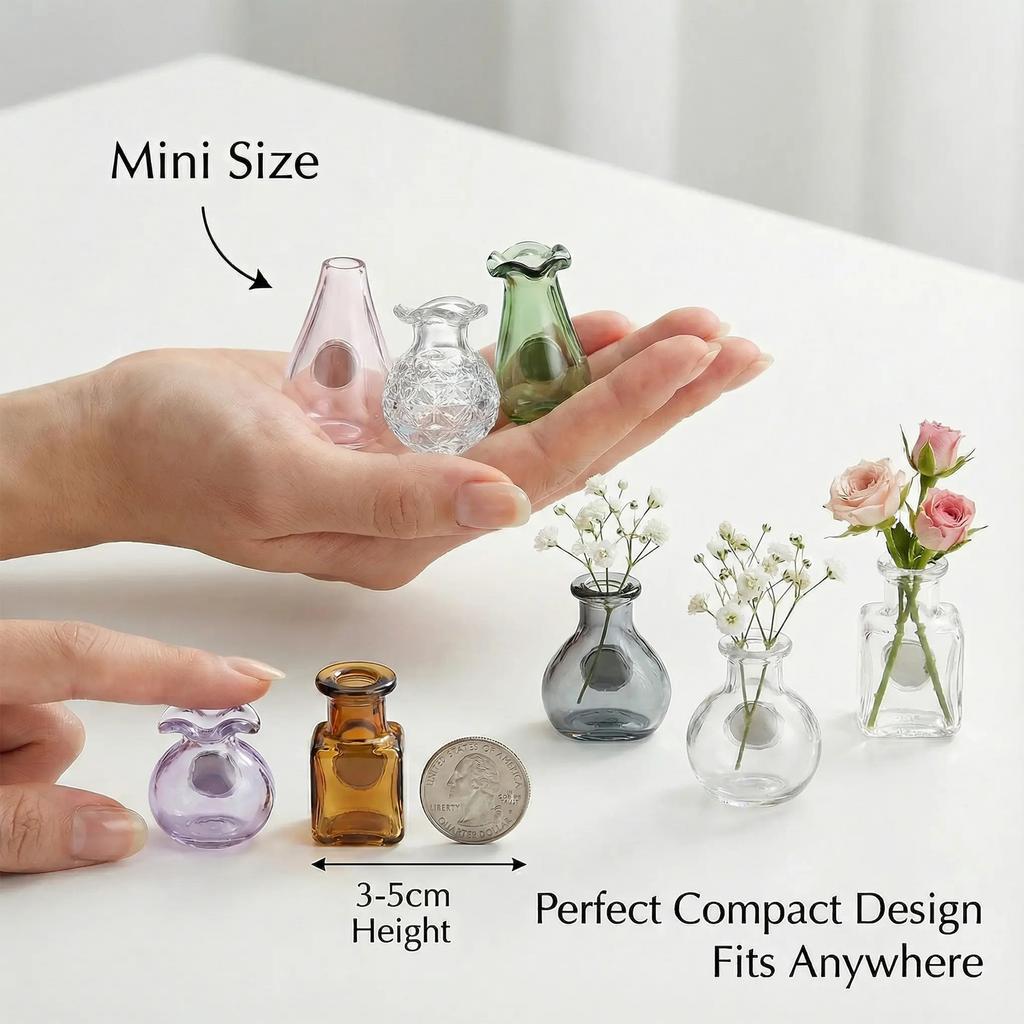 5/8pc Miniature Glass Vases with Faux Flowers Fridge Magnets Set, Artificial Plants Refrigerator Magnet for Kitchen Office Decor