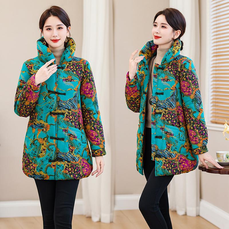 New Women's Cotton Jacket, New Chinese Mid-length Padded Jacket, Fleece Winter Jacket, Thickened Cotton Jacket