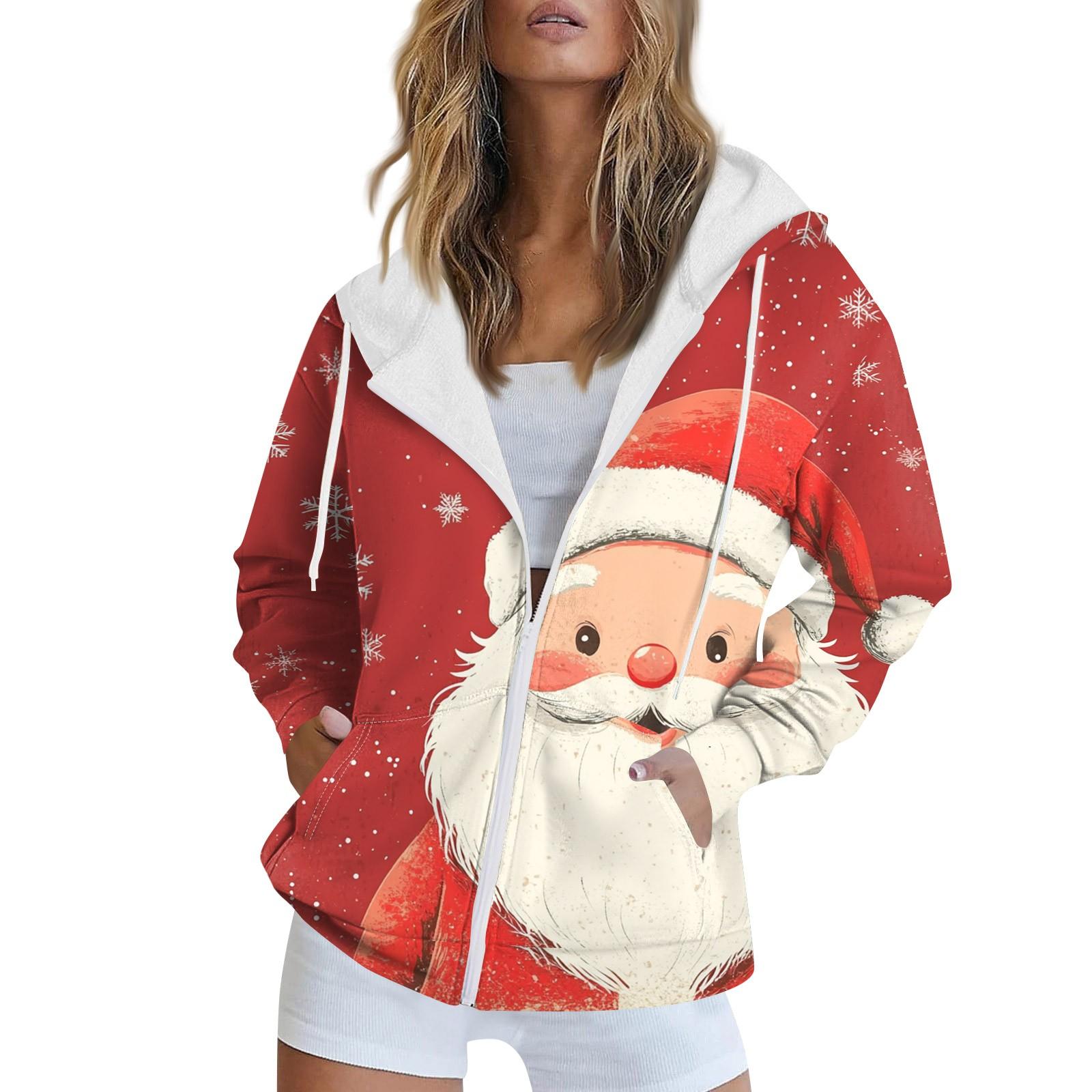 Женская рождественская печатная толстовка осень-зима с длинным рукавом кардиган куртка с карманами на молнии толстовка с капюшоном верхняя одежда L розовый 1949₽