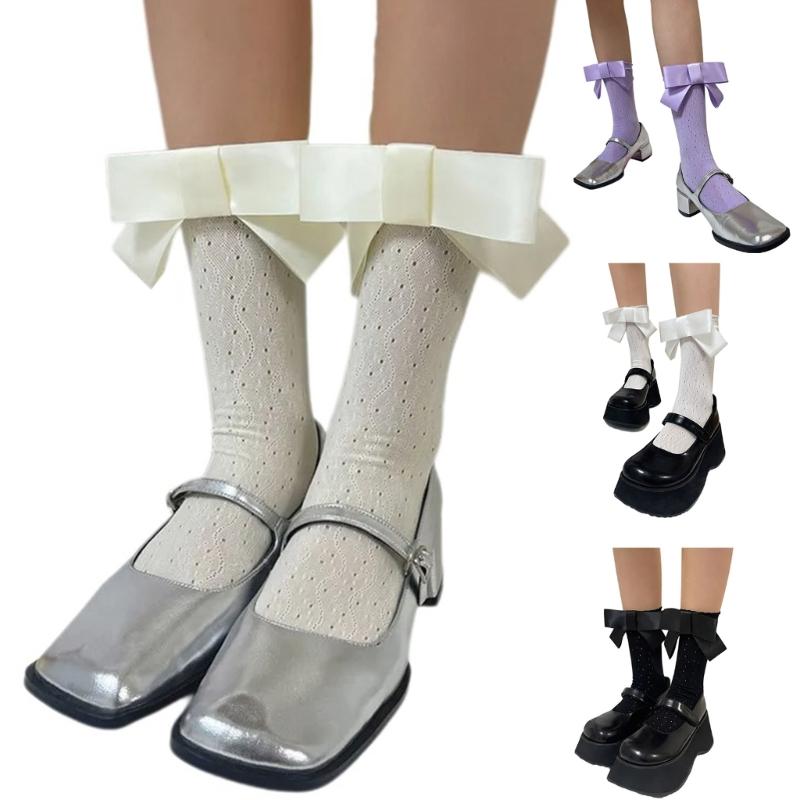 Cute Big Bowknot Hollowed Out Ruffle Frilly Calf Socks for Women Girls Japanese Elegant Sweet Lace Middle Tube Socks