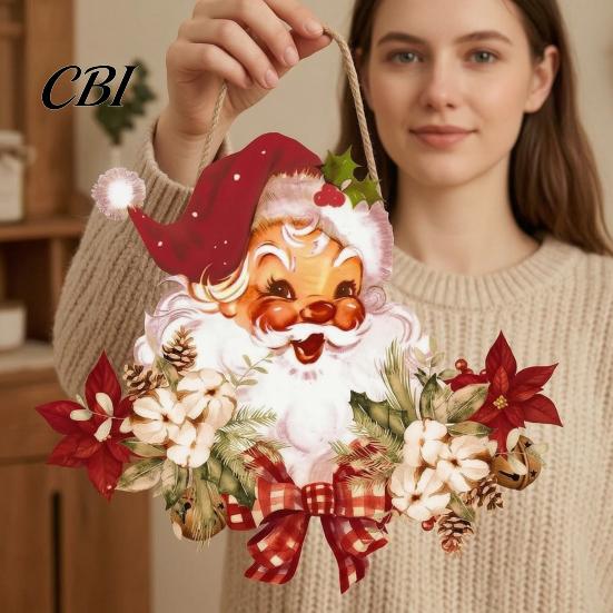 Santa Claus Door Sign Wooden Hanging Pendant for Christmas, Rustic Floral Wall Sign, Christmas Reusable Wood Ornament Tree with Hemp Rope Home Office