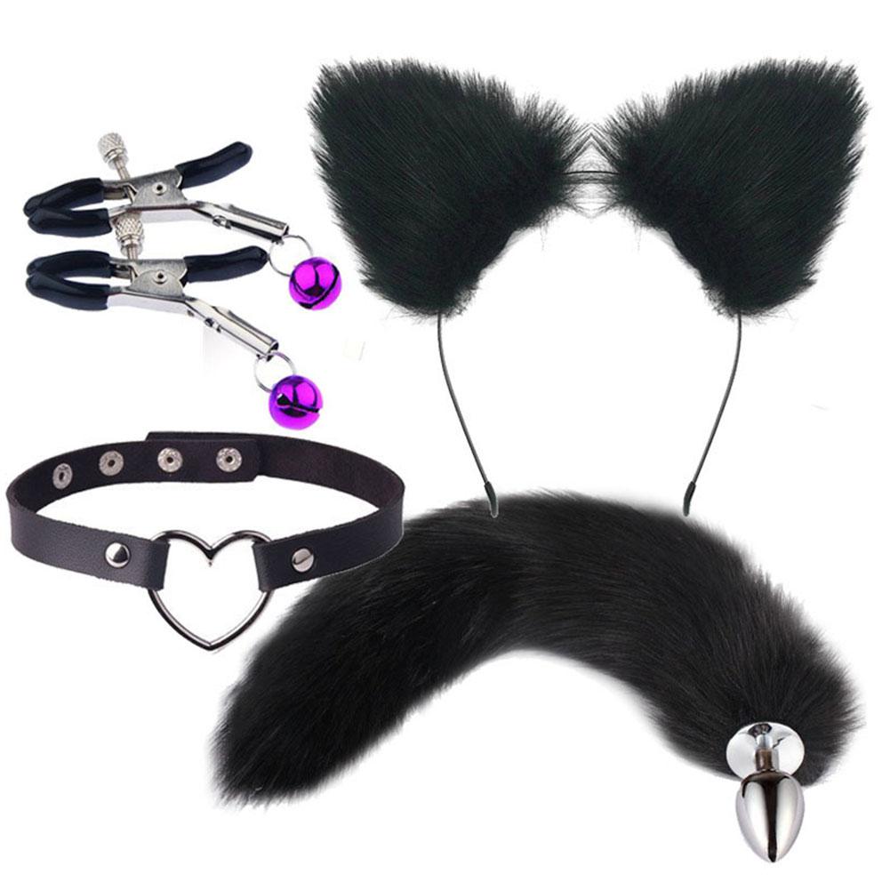 Cute Fox Tail Anal Plug Set Cat Ears Headband Nipple Clip Neck Collar Erotic Cosplay Toys For Women Intimate Play