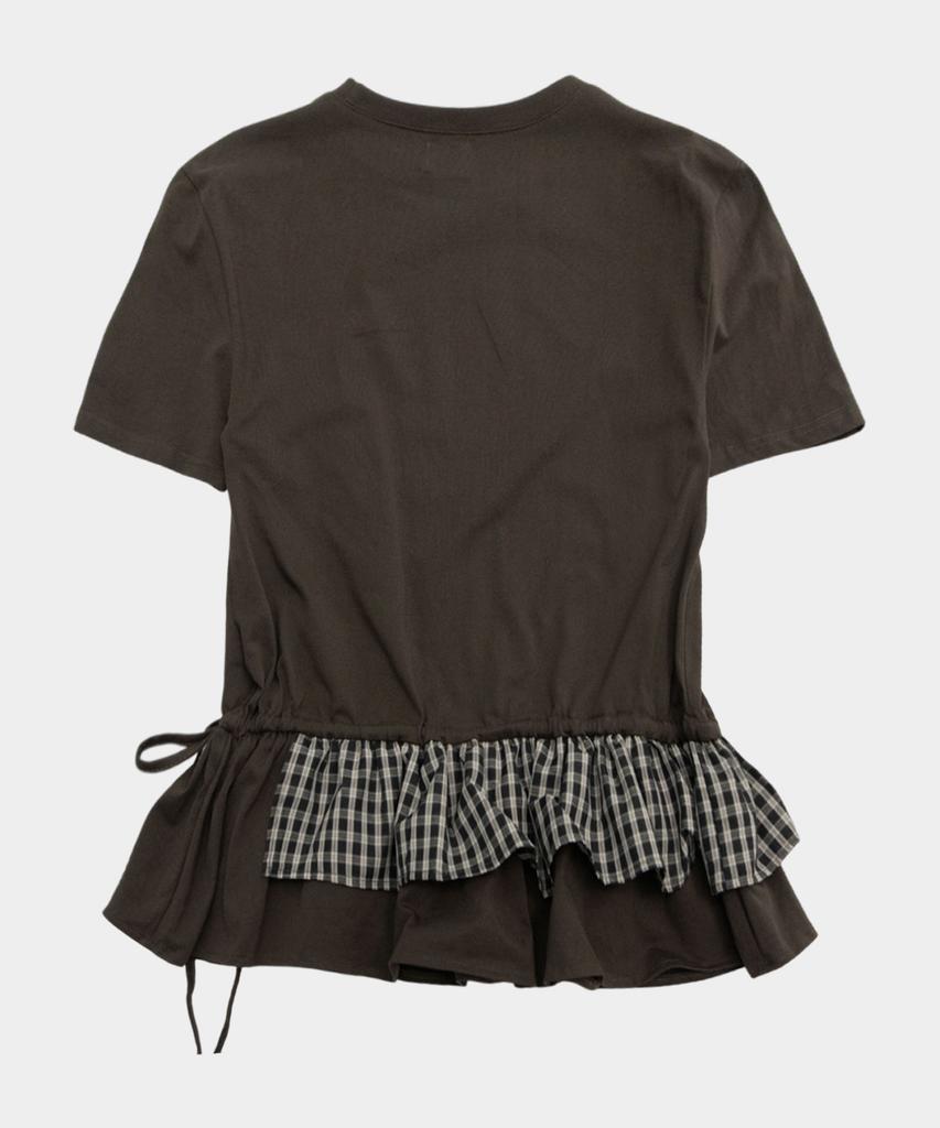 SOME PLACE Angel Beads Check Contrast Strap Point Layered Frill Short Sleeve T-Shirt [Brown]