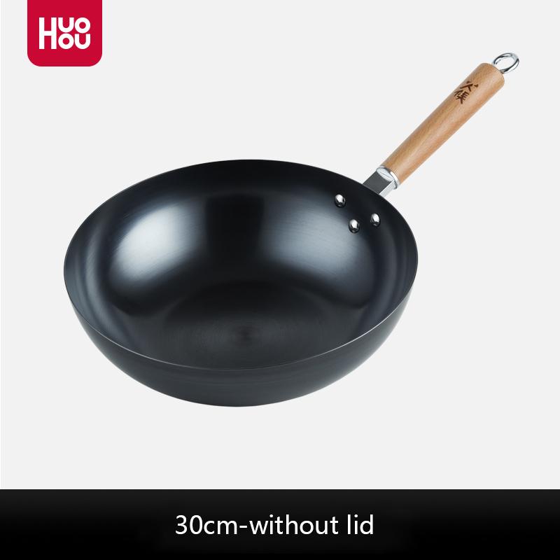 

Huohou Non-coating Refined Iron Wok Wooden Handle Cookware Nonstick Frying Pan Evenly Heated Pot for Induction Cooker Gas Stove