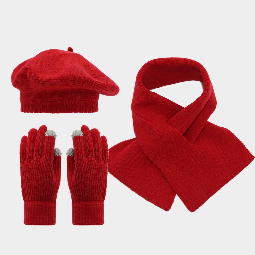 Damen 3-teiliges Winterset mit Baskenmütze, Schal und Touchscreen-Handschuhen für Wärme im Freien