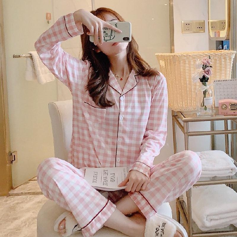 Spring and Autumn Ladies Long Sleeved Pajamas Home Clothing Set Girls Fashion Students Fresh Pink Plaid Pajamas Home Clothing Set