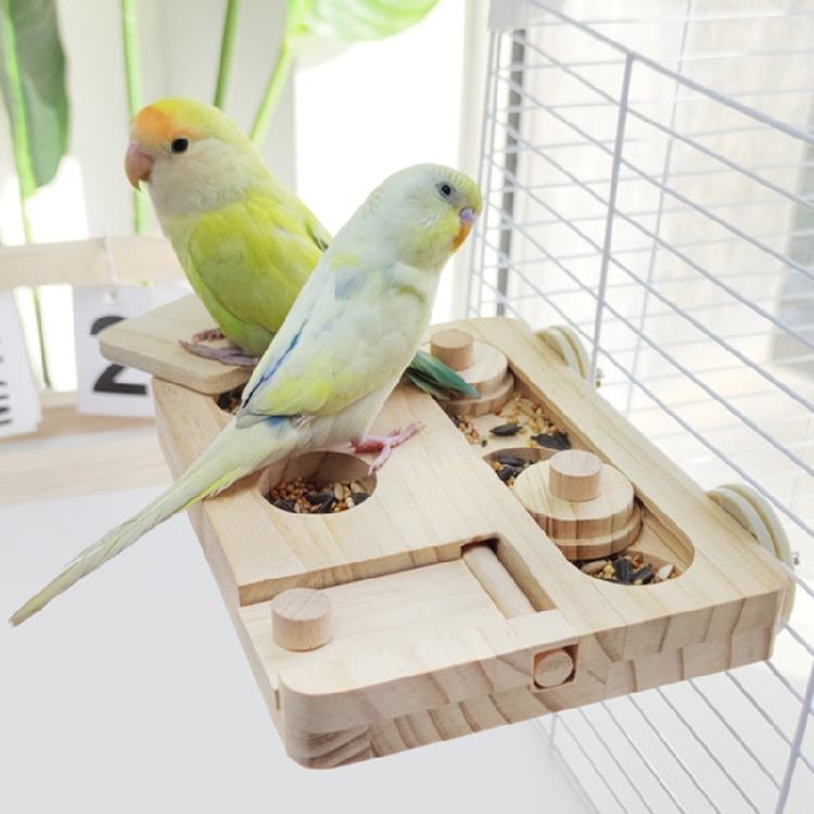 Parrots Entertainment Platform With Wood Construction Wooden Bird Foraging Puzzle Toy Cage-Mounted Enrichment Play Stand