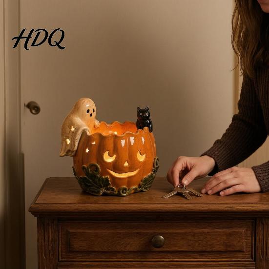 Holiday Gift for Cat Lovers Halloween Pumpkin Candle Holder Resin Ghost Black Tea Light Hollow Starlight Shadow Lamp Stand Retro Distressed