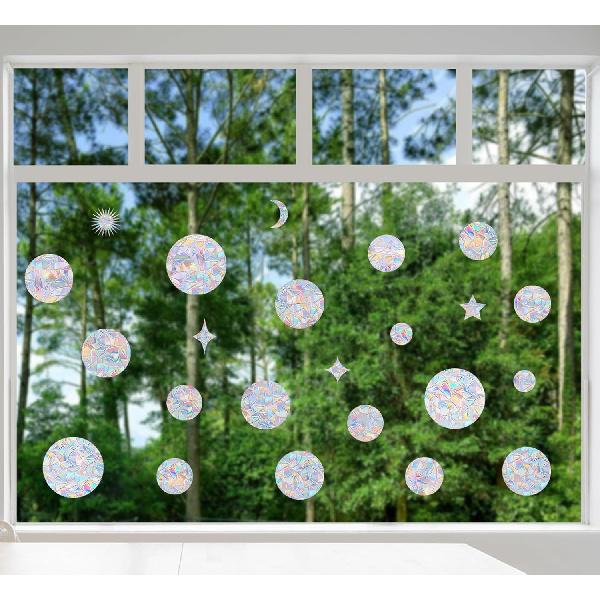 22 Piece Circle & Sun Star Window Clings - Anti-Collision Decals to Save Birds, Non-Adhesive Prismatic Clings, Rainbow Stickers