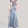Design Sense Frayed Hem Korean Style High Waist Denim Maxi Skirt for Women