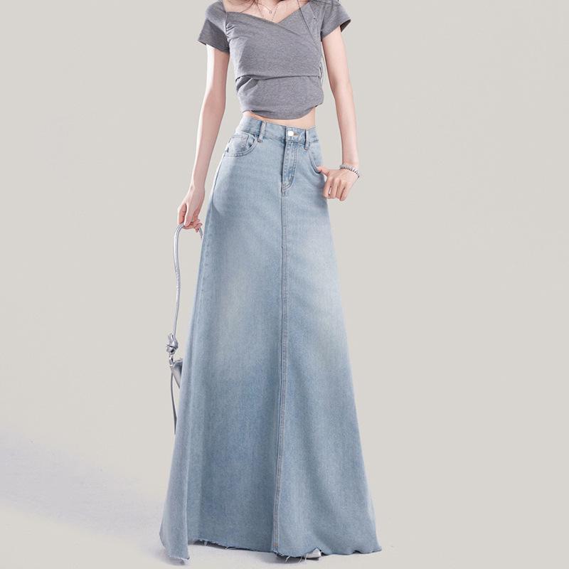 Design Sense Frayed Hem Korean Style High Waist Denim Maxi Skirt for Women