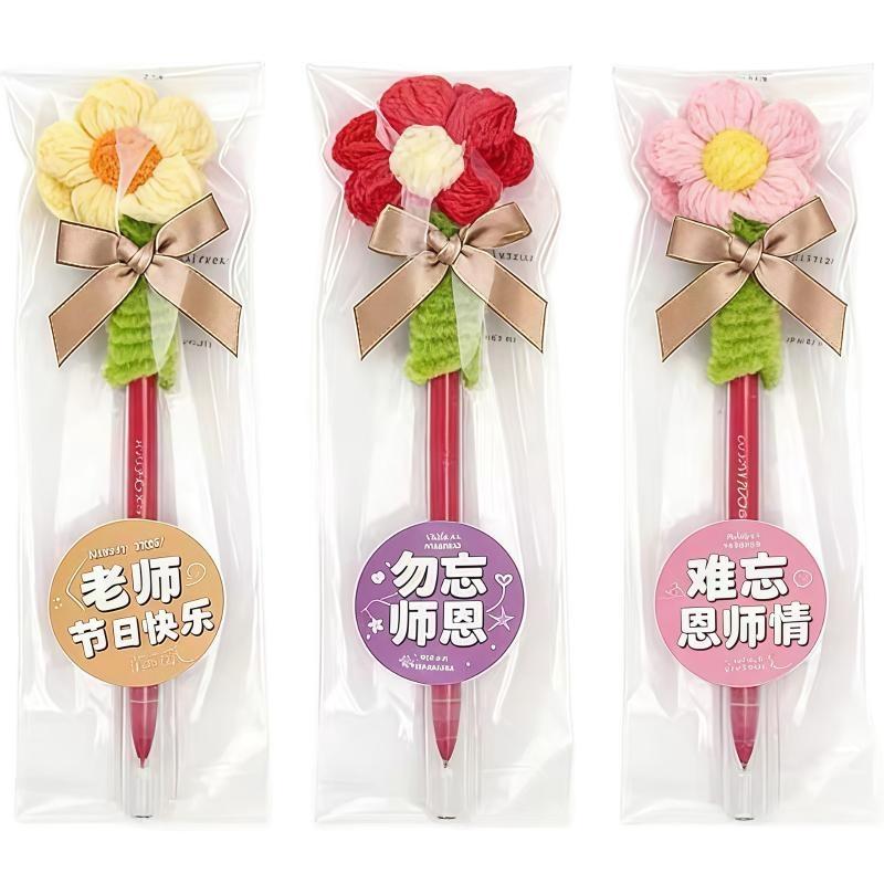 1Pcs Cute Plush Flower Gel Pen Creative Decorative Gel Pen Knitted Floral Writing Pen Smooth Writing Teachers Day Gifts