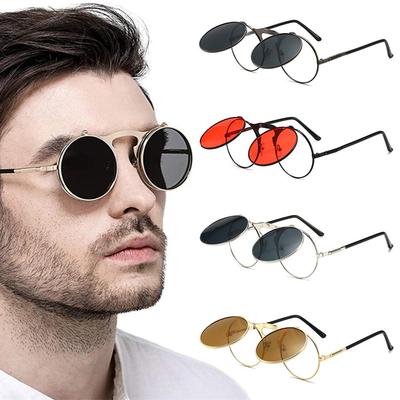 Vintage Round Flip Up Sunglasses For Women & Men Circle Steampunk Uv400 Protection Sun Glasses 90'S Retro Shades Costume Eyewear