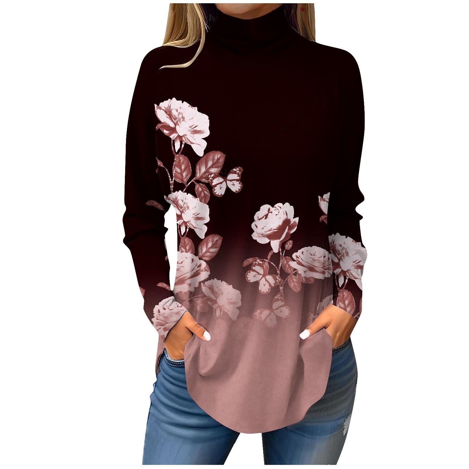 

Women s High Neck Tops Long Sleeve Printing Pullover T-Shirts Casual Sweatshirt 3XL