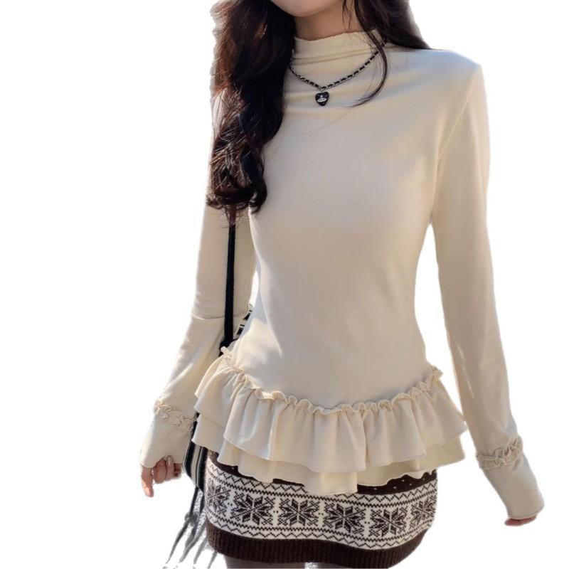 Womens Ballet Style Semi-High Neck Long Sleeve Top Fitted Thickened De Base Layer Winter