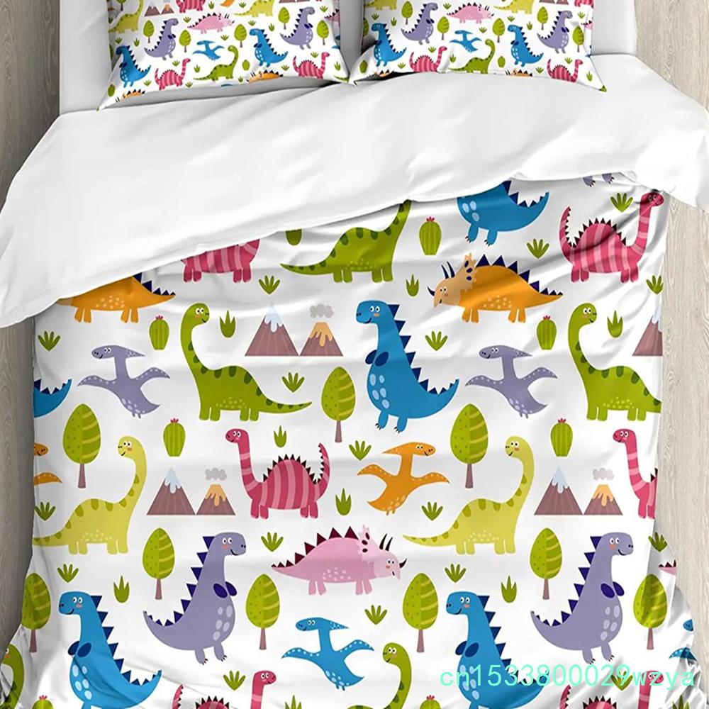 Barevný kreslený dinosaurus Modrý 3dílná sada povlečení do ložnice na manželskou postel Domácí textil Povlak na přikrývku Povlak na přikrývku Povlak na polštář