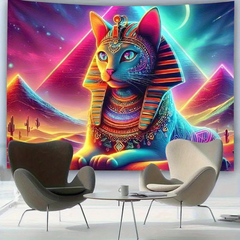 Egyptian Neon Cat Pattern Digital Printing Polyester Wall Tapestry Suitable For Use In Living Rooms Bedrooms Offices Bars Party