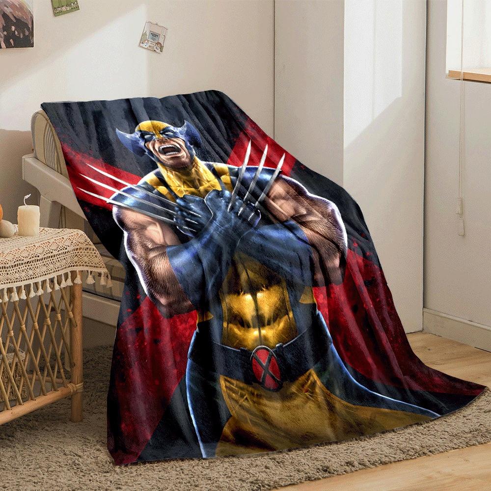 Crossed claws, muscular figure in yellow and blue suit with red X symbol. for all seasons blanket lunch break throw gift