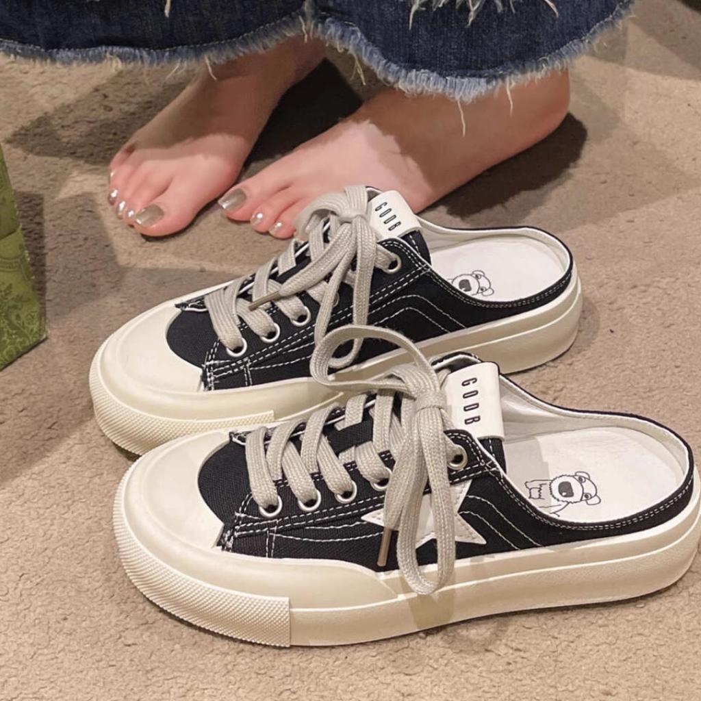 Baotou half slippers women's 2025 new spring outer wear casual canvas shoes without heel versatile lazy platform ins