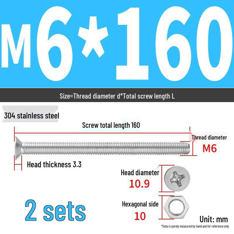 304 Stainless Steel Extra Long Phillips Flat Head Screws and Nuts Set (2M, 3M, 4M)