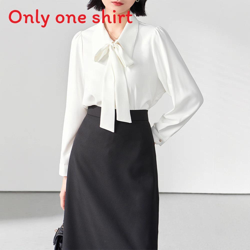 French Style White Butterfly Tie Blouse With Detachable Sash For Elegant Workwear