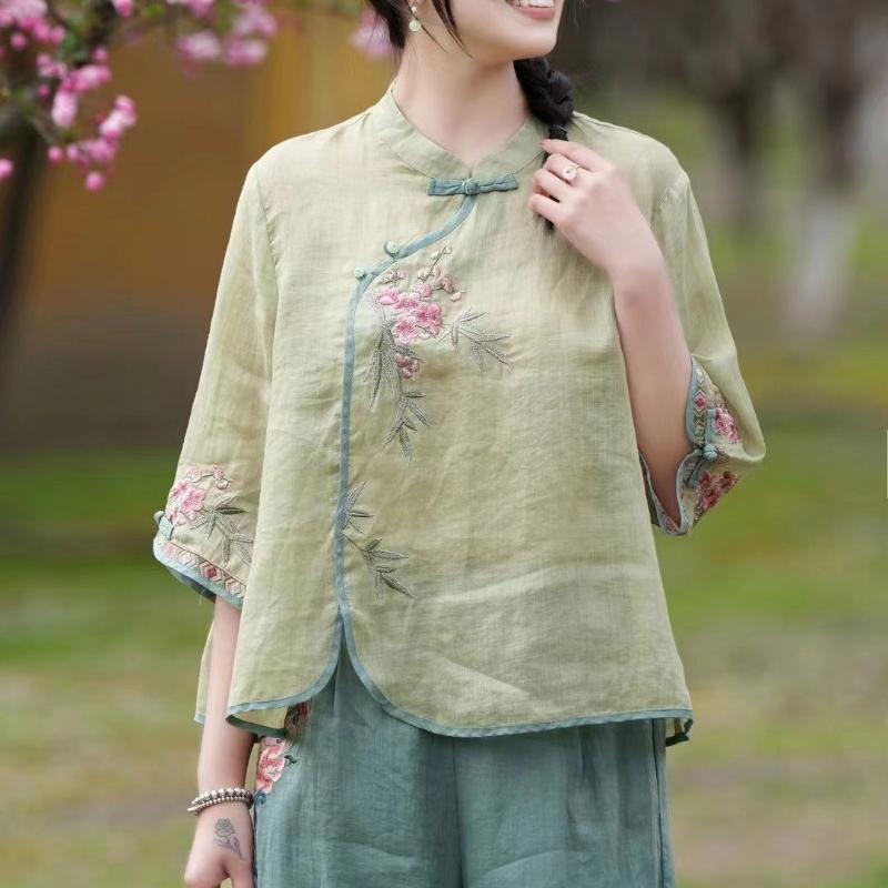Women's Vintage Chinese Ethnic Style Shirt Stand Collar Embroidery Elegant Blouse Summer Three Quarter Sleeve Cotton Loose Tops