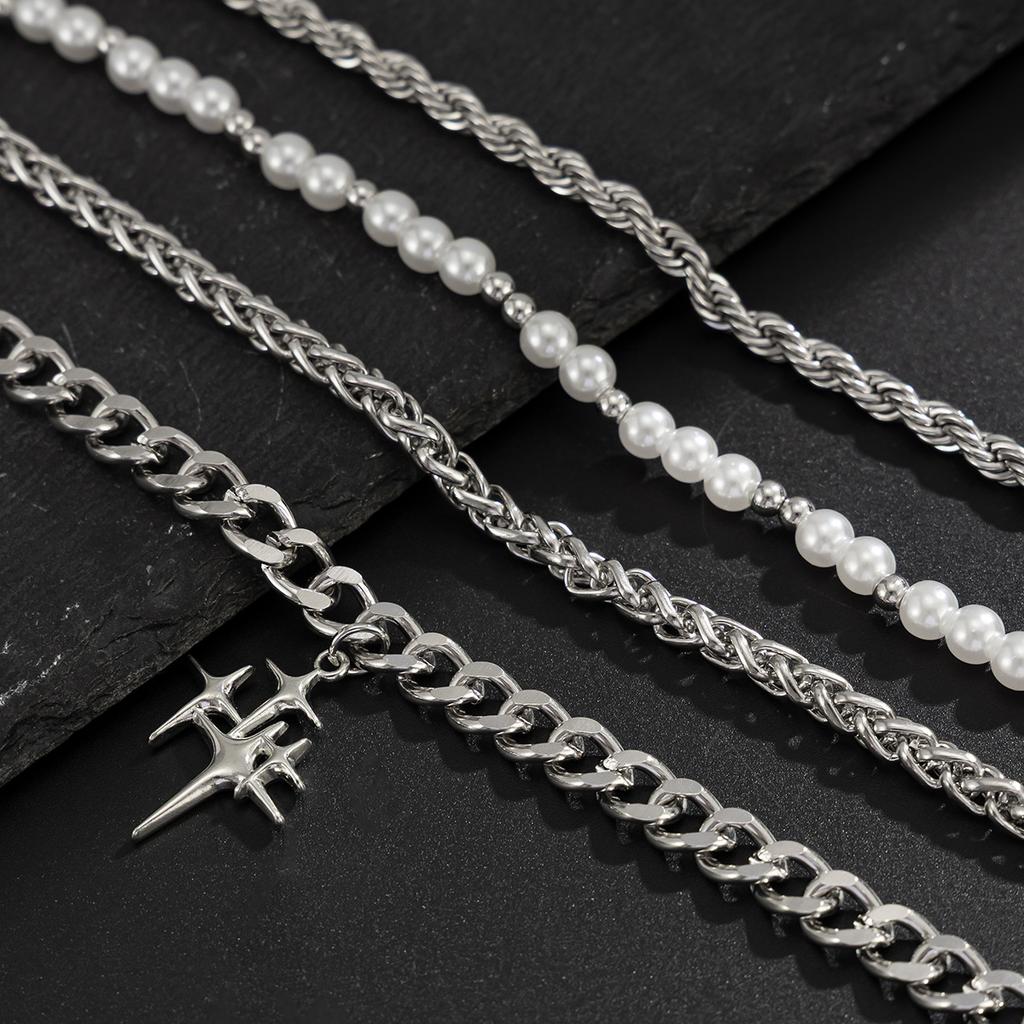 Hip-Hop Personality Four-Pointed Star Bracelet for Men Trendy Fashion Niche Pearl Braided Chain Bracelet Men's Jewelry