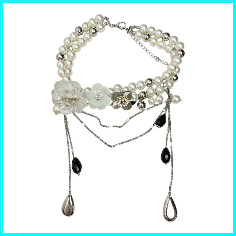Elegant Beaded Flower Fringe Necklace With Adjustable Chain For Women Vintage Geometric Design Clavicle Chain Jewelry серебряный