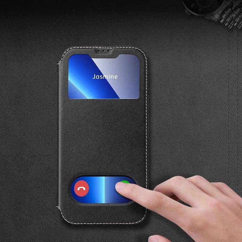 Pouzdro z pravé kůže s okénkem Smart View pro iPhone 16 Pro 17 Pro 15 14 13 12 11 XR XS Max 7 8 Plus SE 3 Magnetické Flipové Peněženkové Kryt