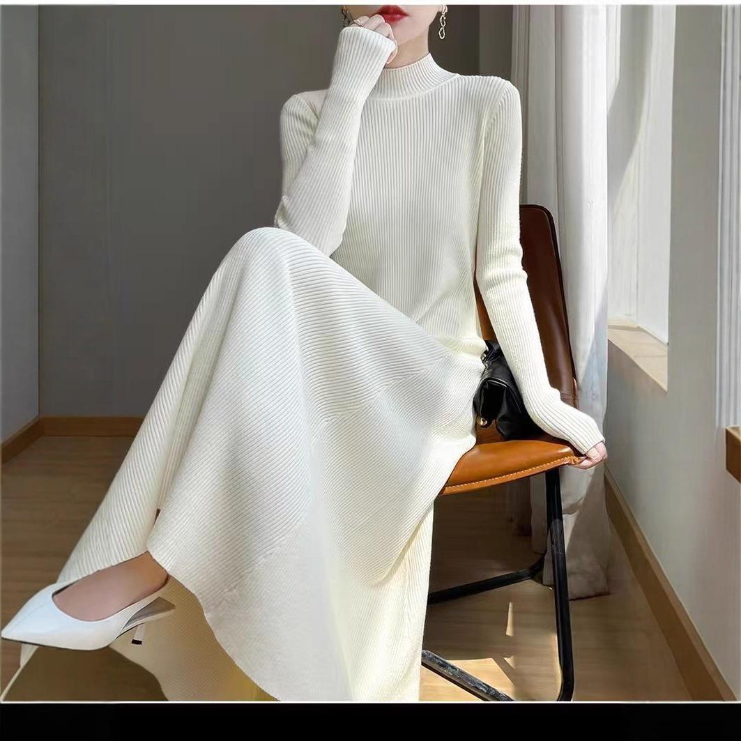 

Осенне-зимнее вязаное длинное платье с полувысоким воротником, новое с пальто, свитером внутри, юбка с темпераментом, базовая женская одежда one size fits all белый