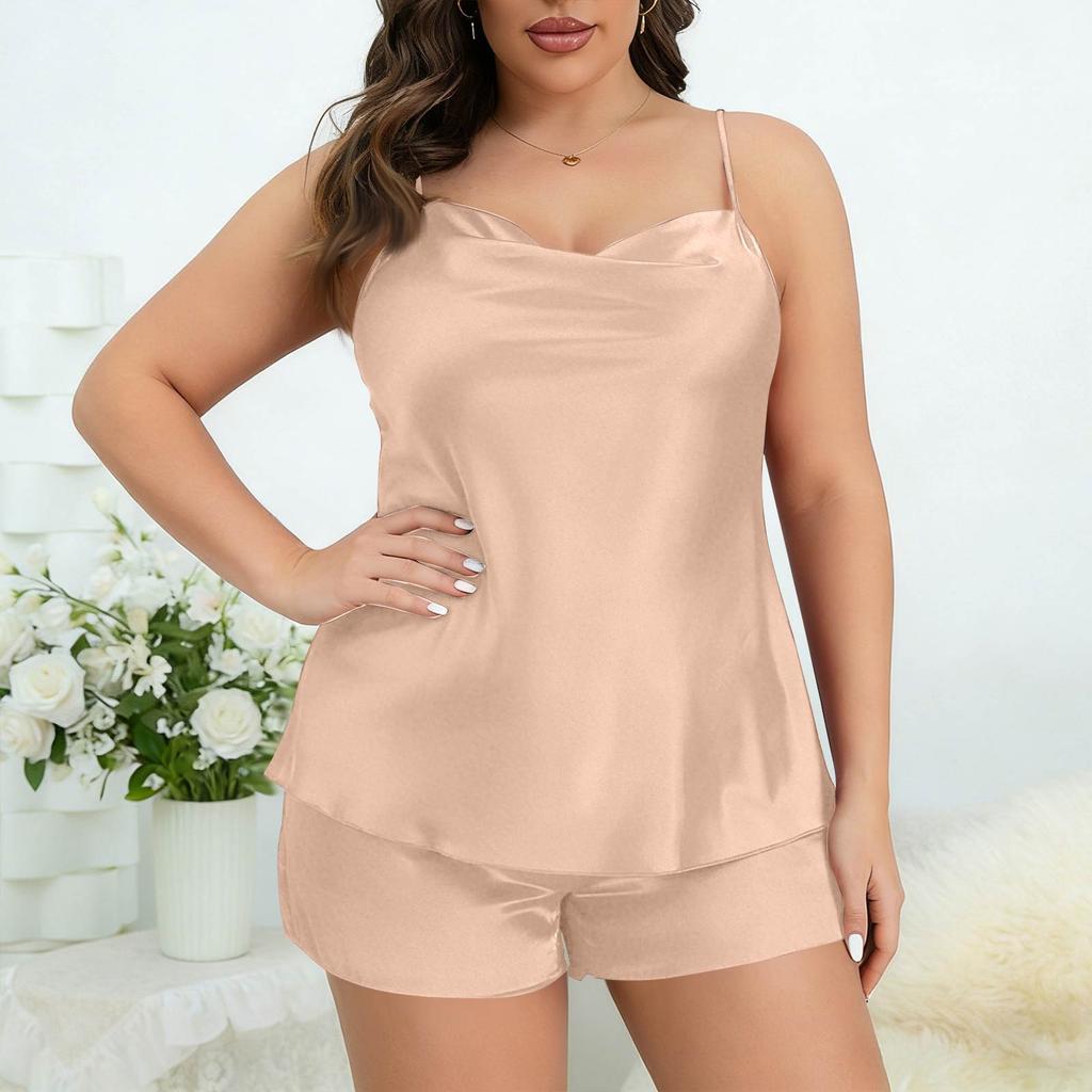Women Satin Sleepwear Set Cowl Neck Camisole And Shorts Two Piece Lingerie Soft Lightweight Relaxed Fit Nightwear