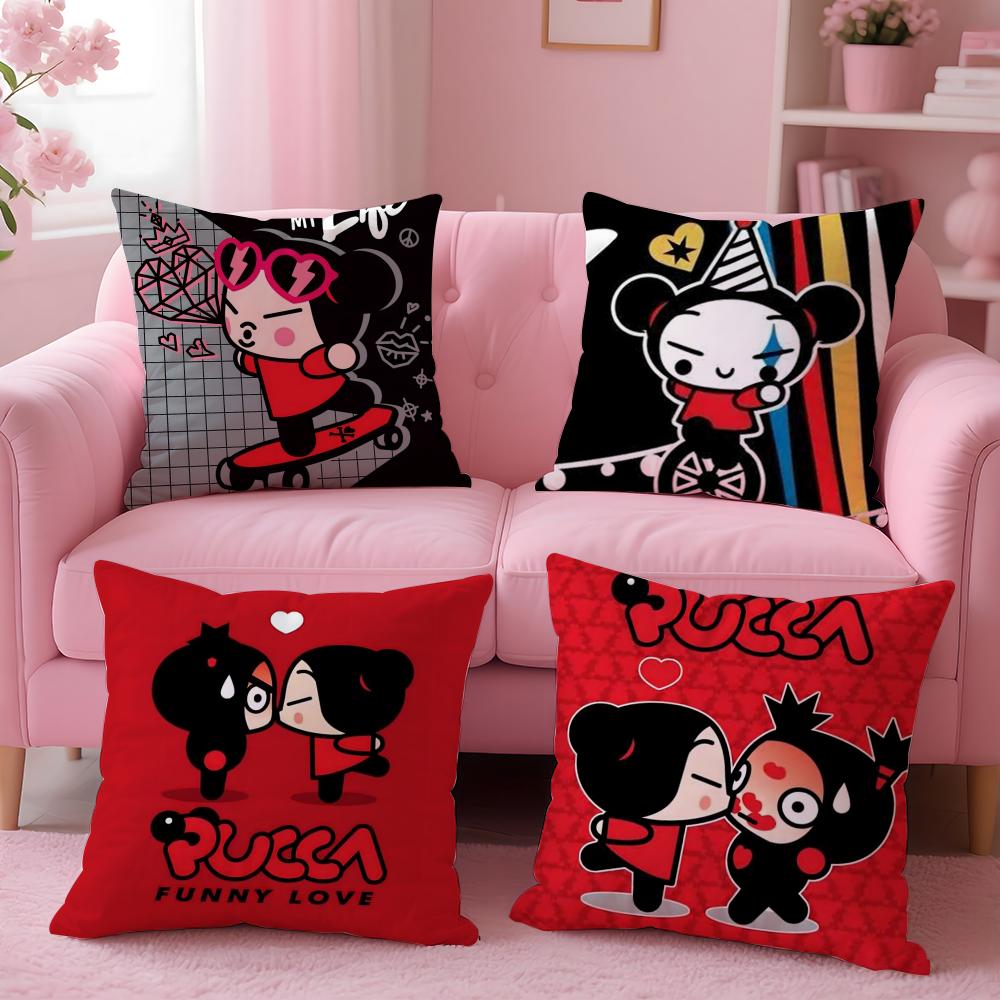 Kawaii P-Pucca Anime Cushion Cover Plush Fabric Soft Double-Sided Printed Sofa Pillow Case Colorfast Home Decor Gift
