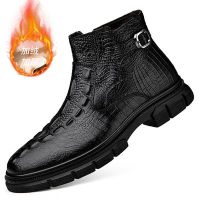Fashion Crocodile Texture Leather Shoes High Quality Mens High Boots Winter Formal Warm Plush Ankle Boots Business Chelsea Boots Autumn