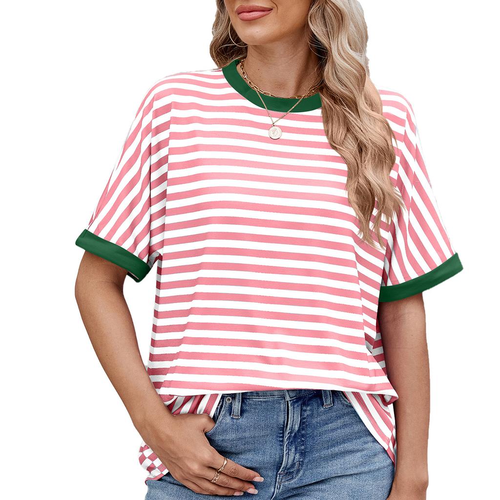 Summer Loose Fit Striped Round Neck T-Shirt Women