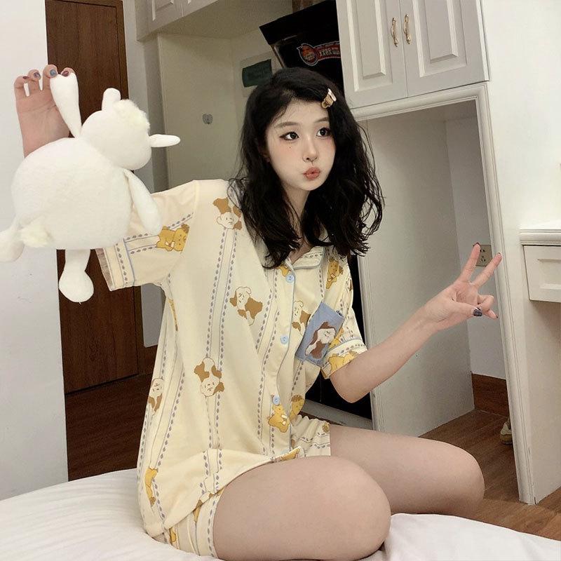 Can Wear Pajamas Women's Summer Cute Cartoon Bear Cotton Short-sleeved Cardigan Loungewear Women's Suit