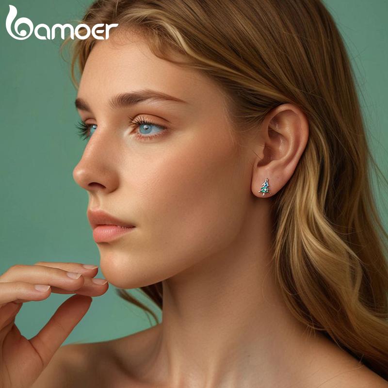 BAMOER 925 Sterling Silver Christmas Tree Stud Earring Lovely Earring For Women Enamel Process Cubic Zirconia Fine Jewelry Gift