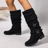 Women's Wide Width Suede Riding Boots, Chunky Heel Round Toe Knee High Boots, Buckle Detail Stacked Foldable Long Boots