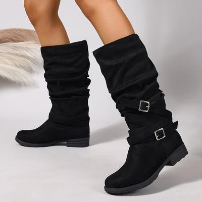 Botas de Montaria de Camurça Largas Femininas, Botas de Cano Alto com Salto Grosso e Bico Redondo, Detalhe de Fivela, Botas Longas Dobráveis Empilhadas