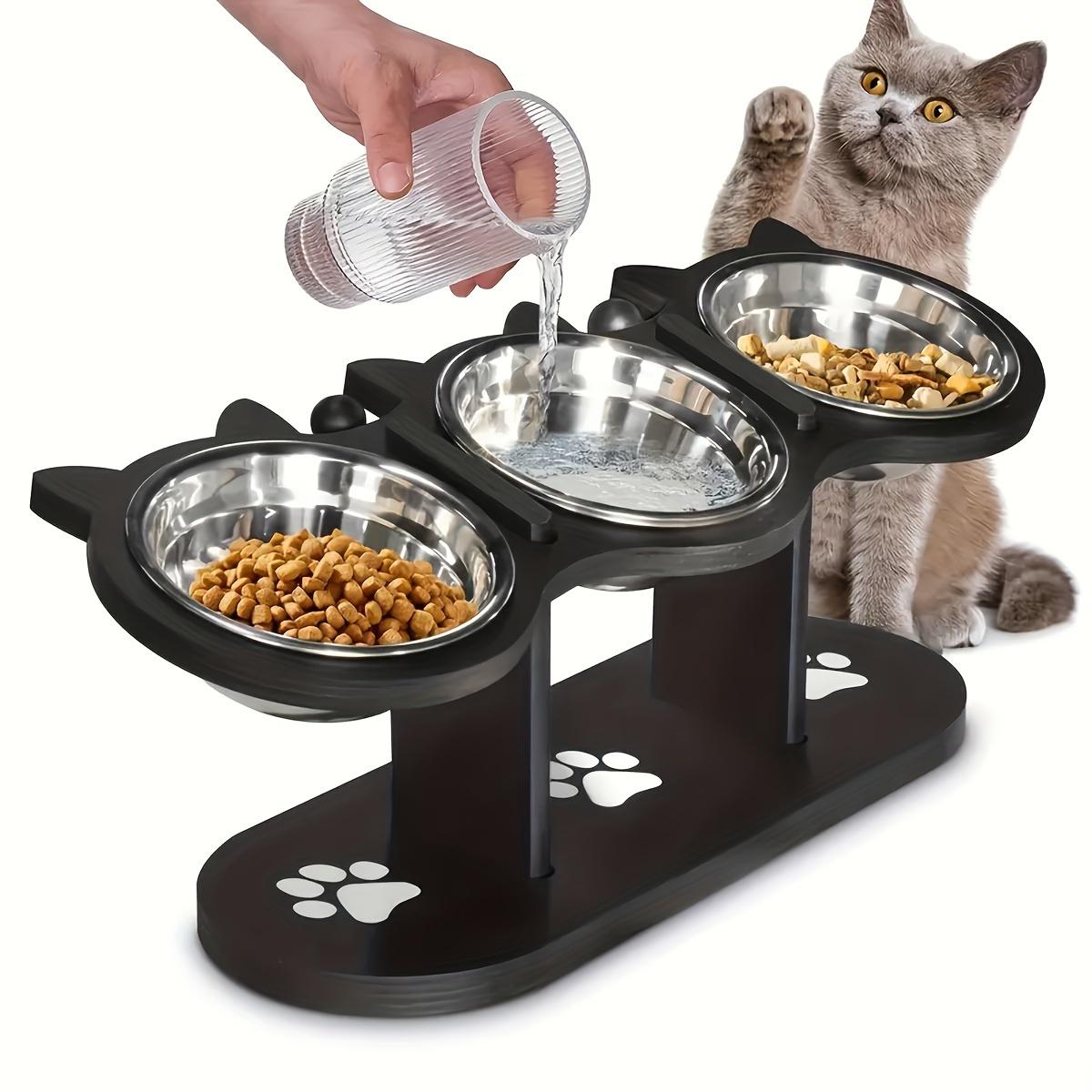 

3 Bowls Wooden Elevated Cat Feeder Stand with 15 Angle Adjustable Stainless Steel Food & Water Bowls Pet Feeding чёрный