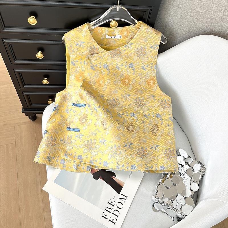 Women Yellow Floral Brocade Mandarin Collar Frog Button Sleeveless Vest M