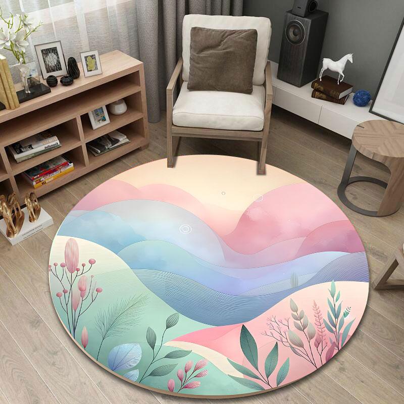 Handmade Style Round Minimal Multicolor Carpet, Non-Slip Floor Mat for Dining Room