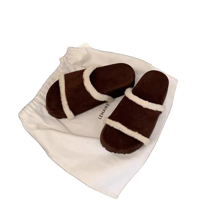Korean Version Ins Tide Thick Bottom Outer Wear Wool Slippers Women's Fashion Lamb Wool Muffin Lazy High-end Home Slippers